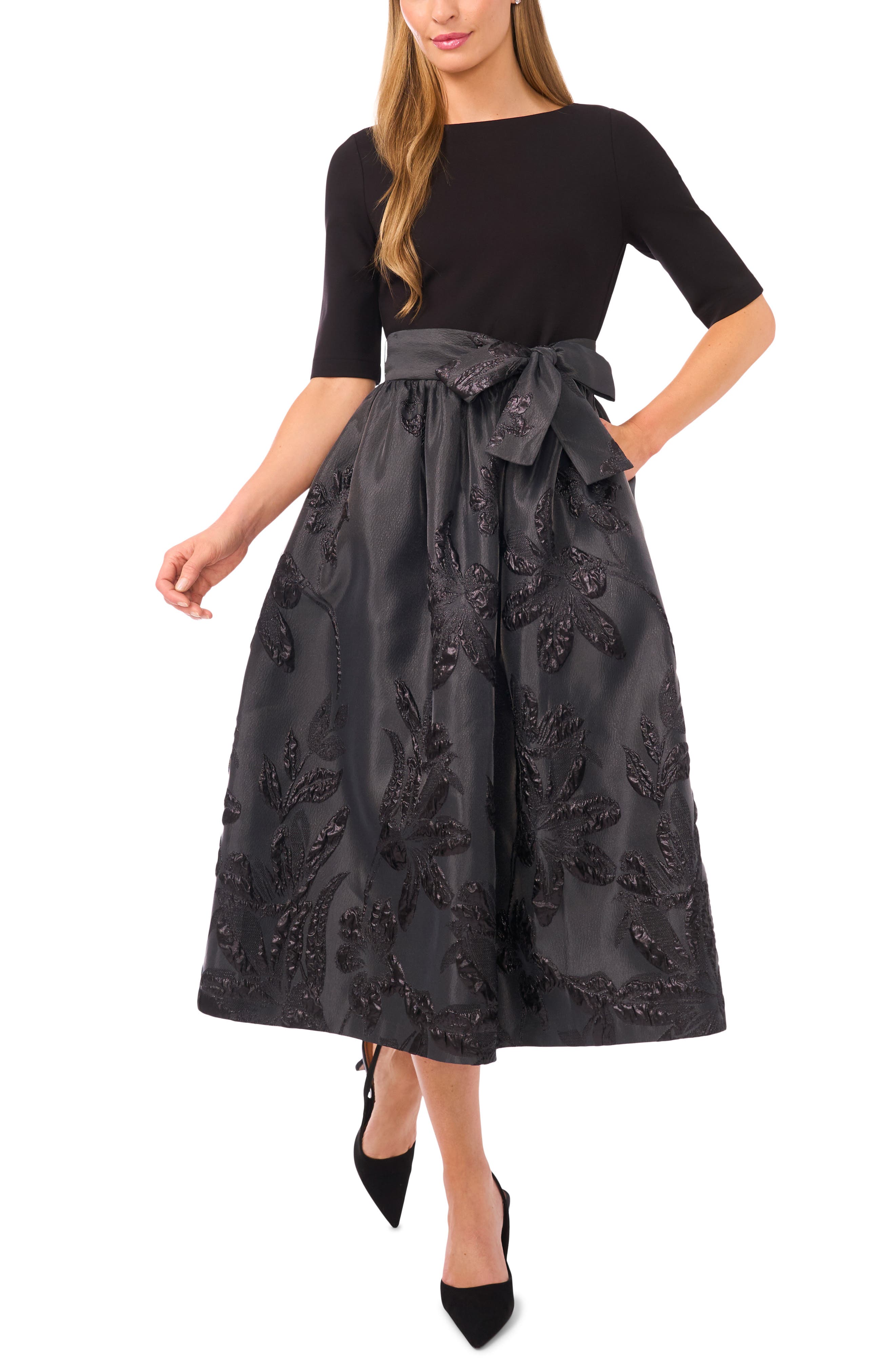 Ted Baker Jesse Metallic Floral Mixed Media Midi Dress
