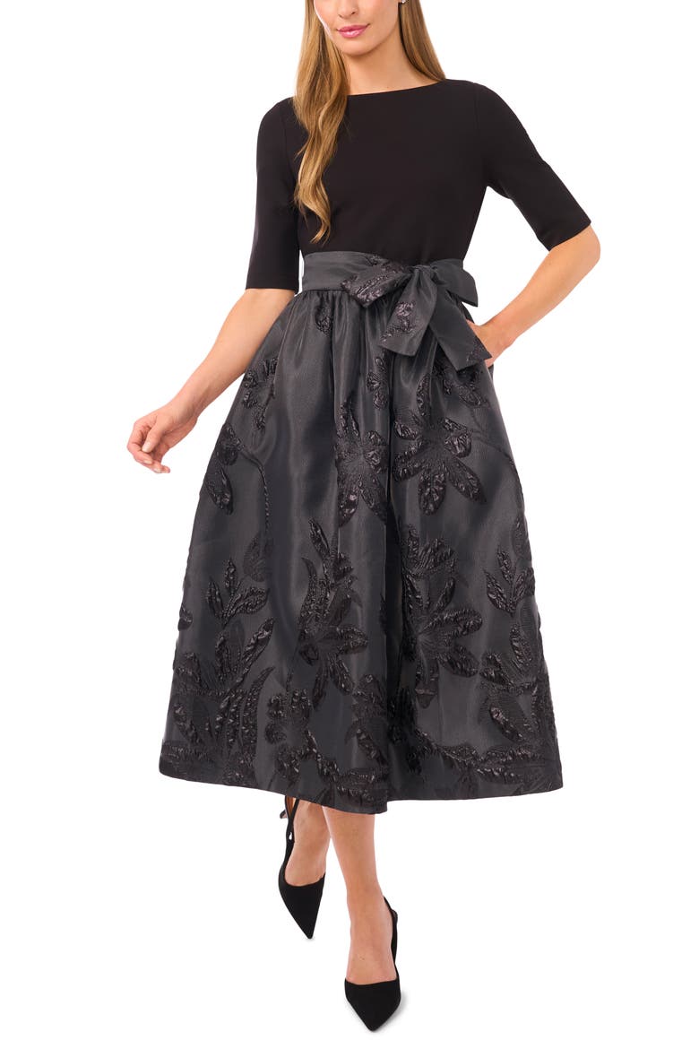 Jesse Metallic Floral Mixed Media Midi Dress, Main, color, RICH BLACK