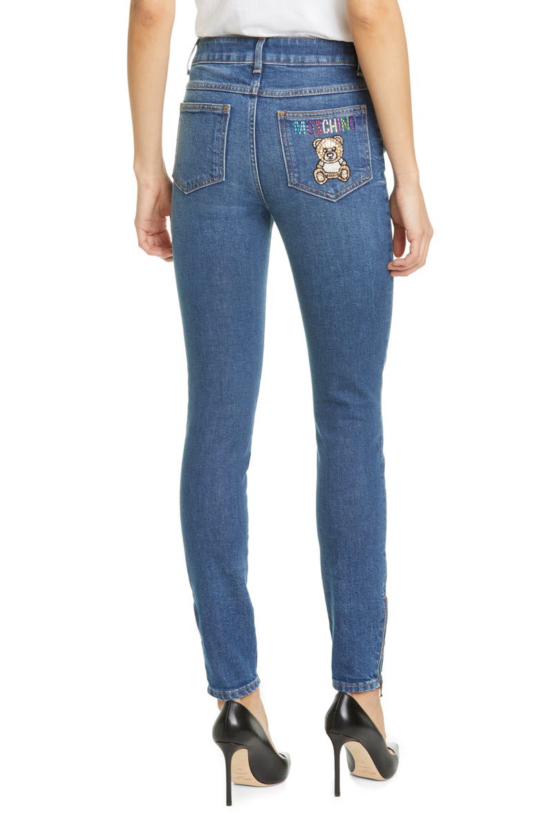 Moschino Beaded Bear Skinny Jeans, Alternate, color, 
