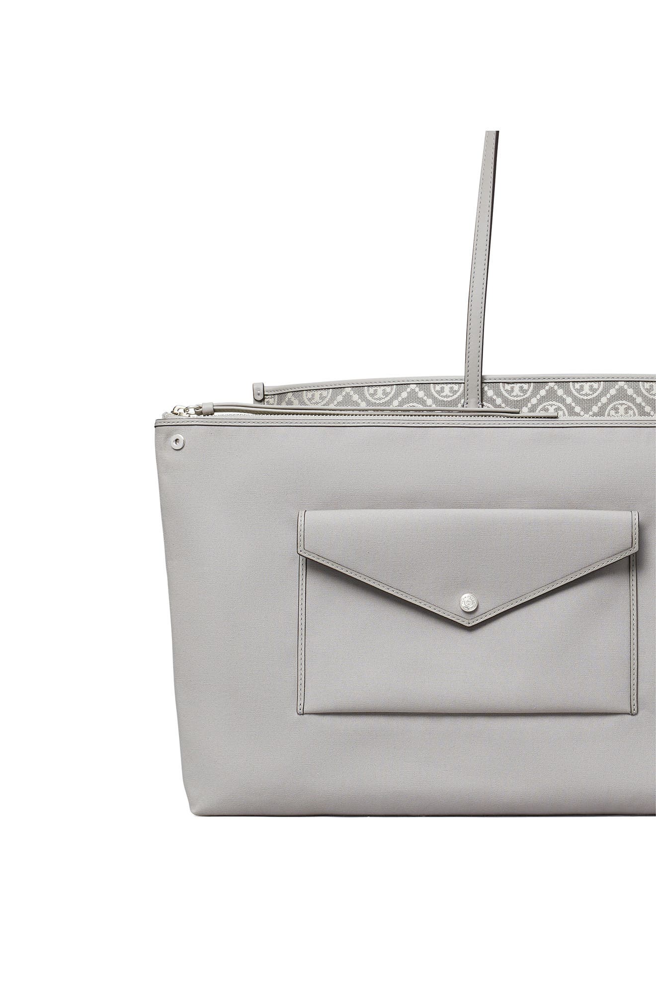 Tory Burch Perry T Monogram Jacquard Triple Compartment Tote, Alternate, color, Gray