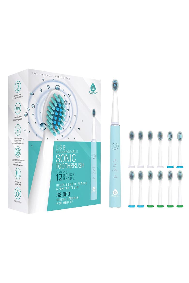 USB Sonic Toothbrush with 12 Heads - White, Alternate, color, GREEN
