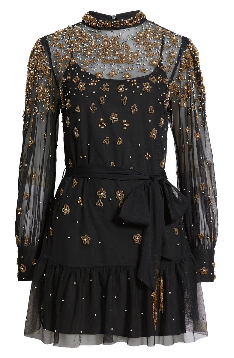 FARM Rio Embroidered Tulle Overlay Minidress, Alternate, color, Black