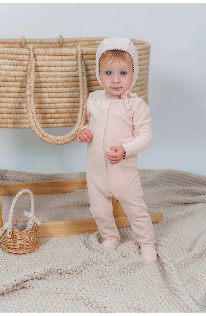 Bebe Bella Girl Velour Pompom Romper, Alternate, color, Bege