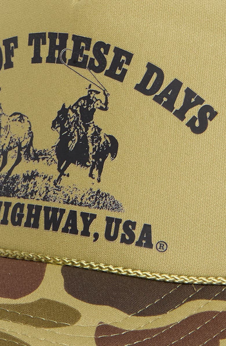 ONE OF THESE DAYS Lost Highway Trucker Hat, Alternate, color, Light Green Camo