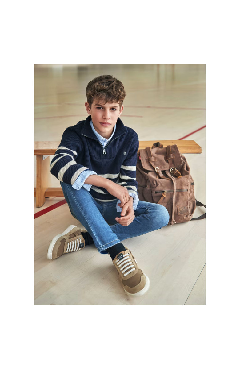 Mayoral Striped Zip-Neck Sweater, Alternate, color, Navy