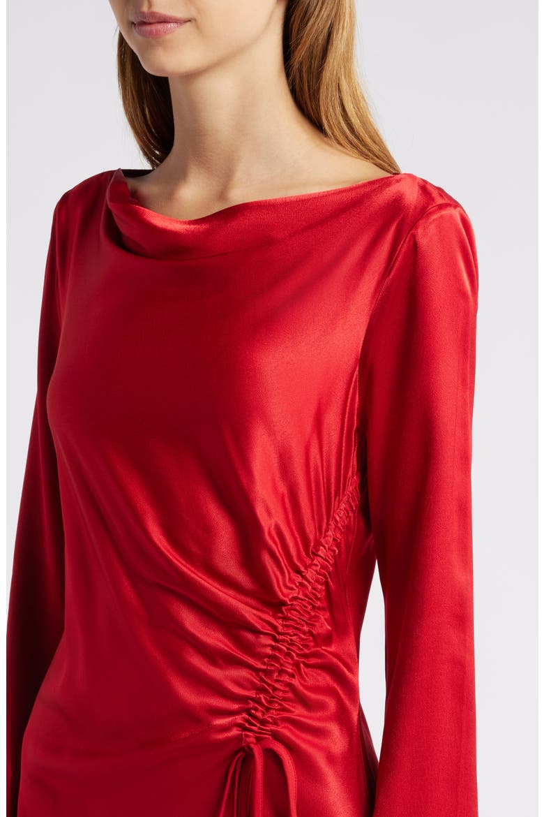 Alessandra Long Sleeve Ruched Satin Dress, Alternate, color, SCARLET