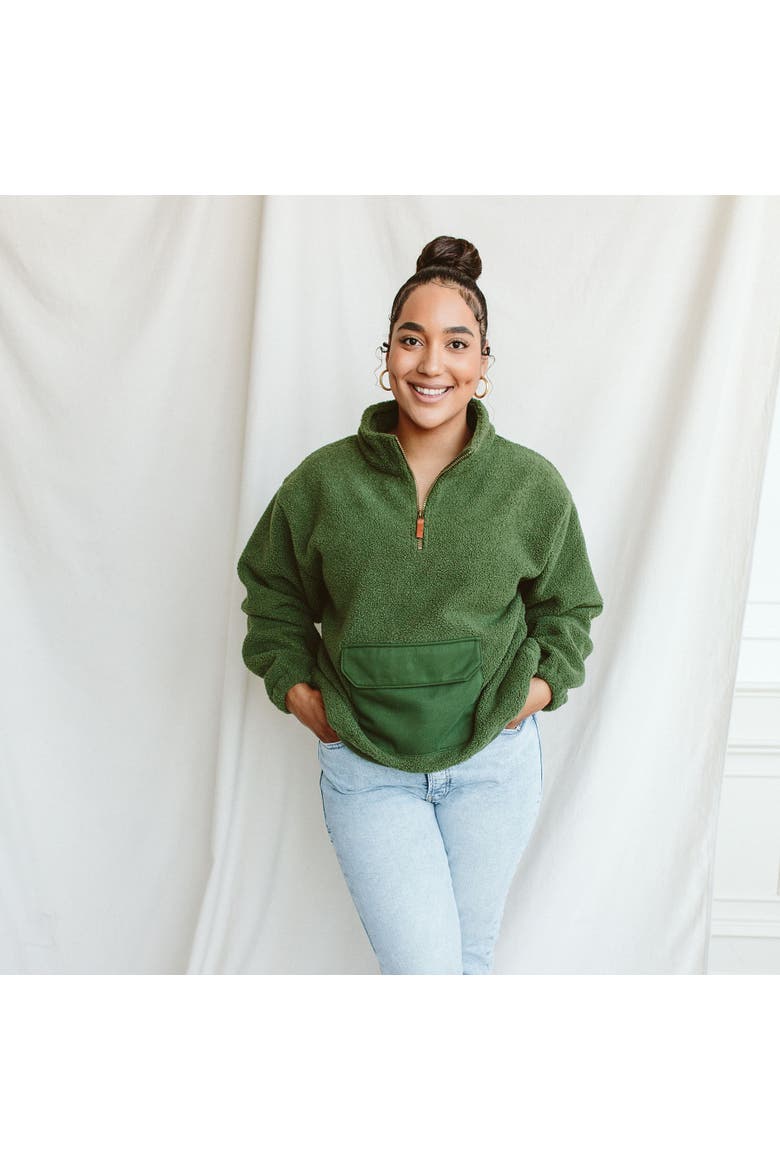 Goumi Adult Faux Shearling Organic Zip Pullover, Alternate, color, Spruce