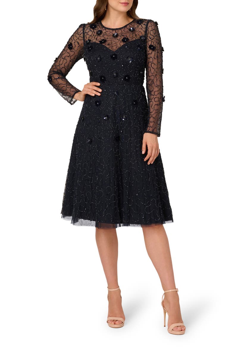 3D Floral Beaded Long Sleeve Illusion Cocktail Dress, Main, color, MIDNIGHT