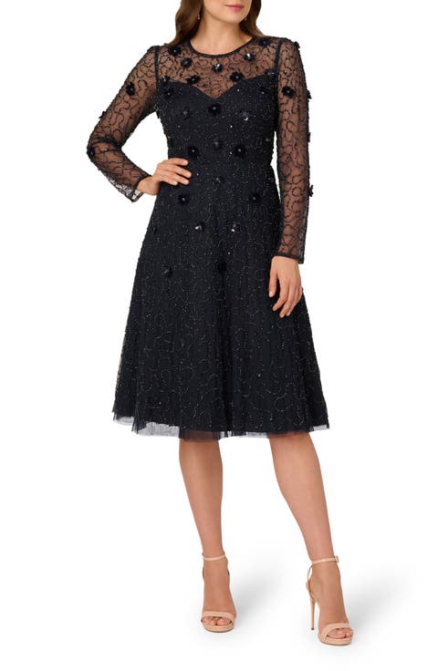 3D Floral Beaded Long Sleeve Illusion Cocktail Dress