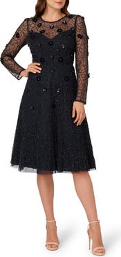 Adrianna Papell 3D Floral Beaded Long Sleeve Illusion Cocktail Dress