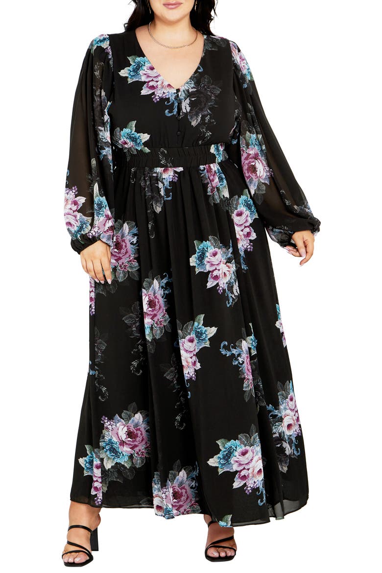 Ottilie Long Sleeve Maxi Dress, Main, color, BLACK PRINT