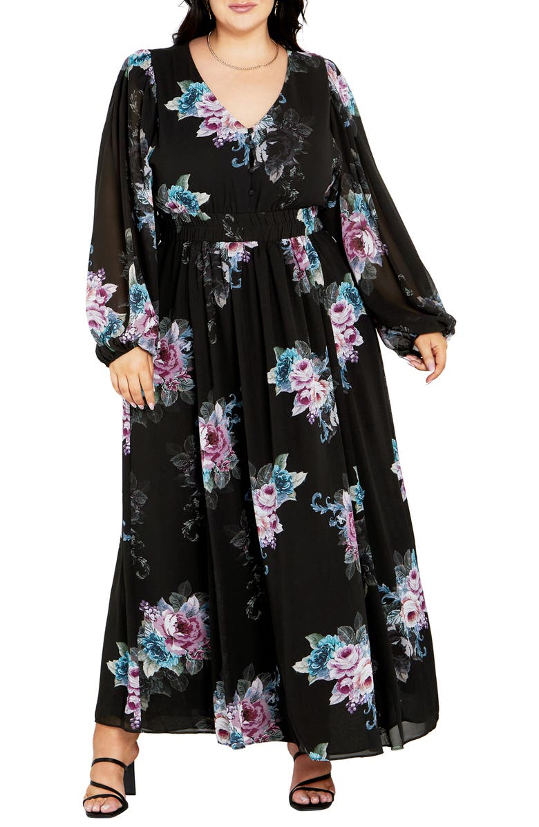 City Chic Ottilie Long Sleeve Maxi Dress, Main, color, Black Print