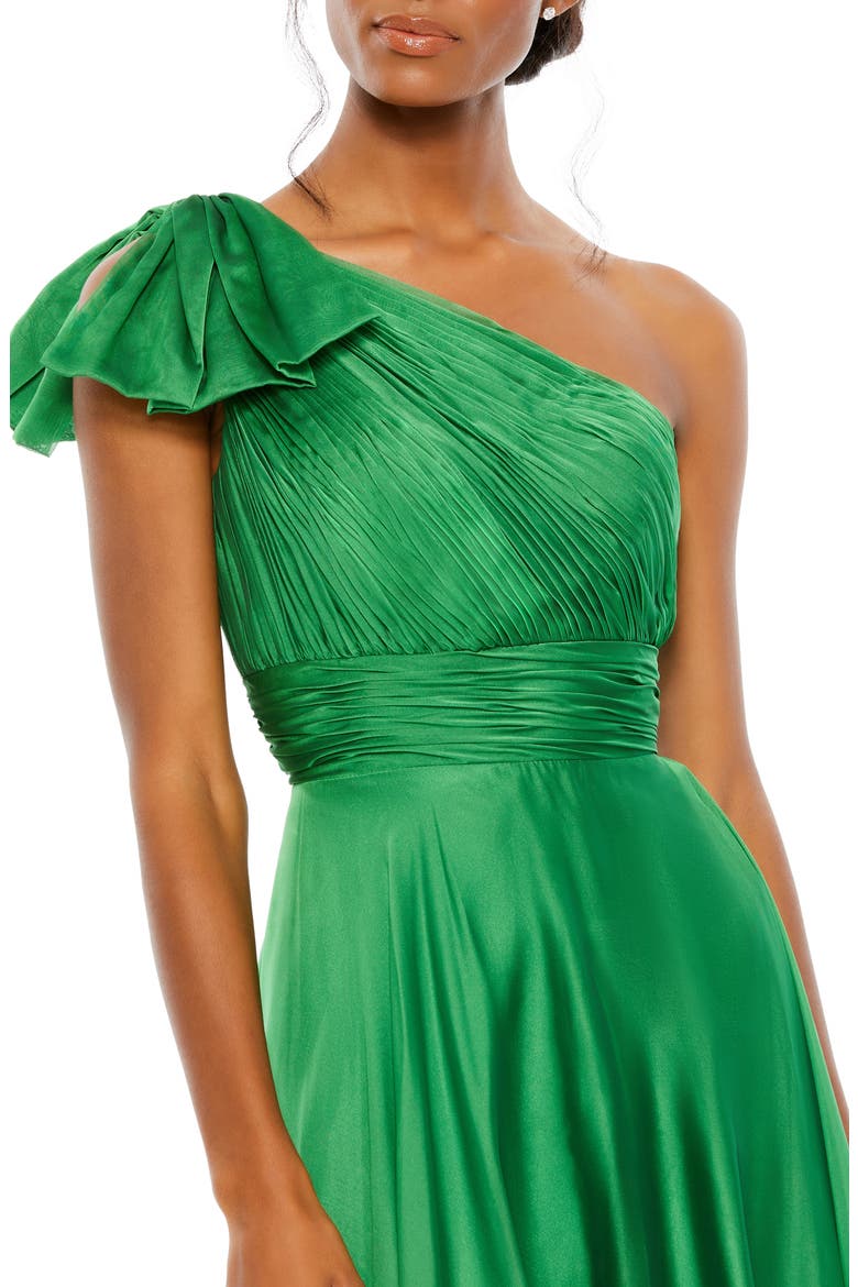 One Shoulder Pleated Chiffon Gown with Draped Waist and High Slit, Alternate, color, EMERALD