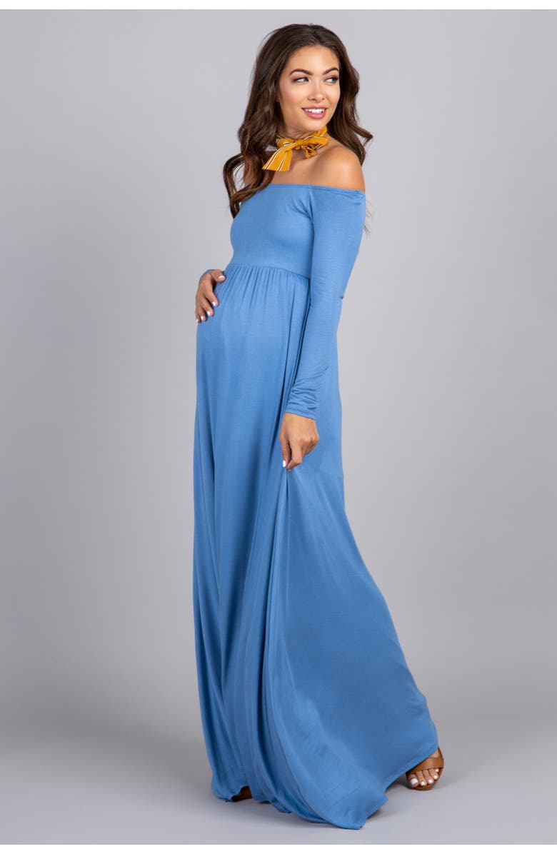 PinkBlush Petite Solid Off Shoulder Maternity Maxi Dress, Alternate, color, Blue