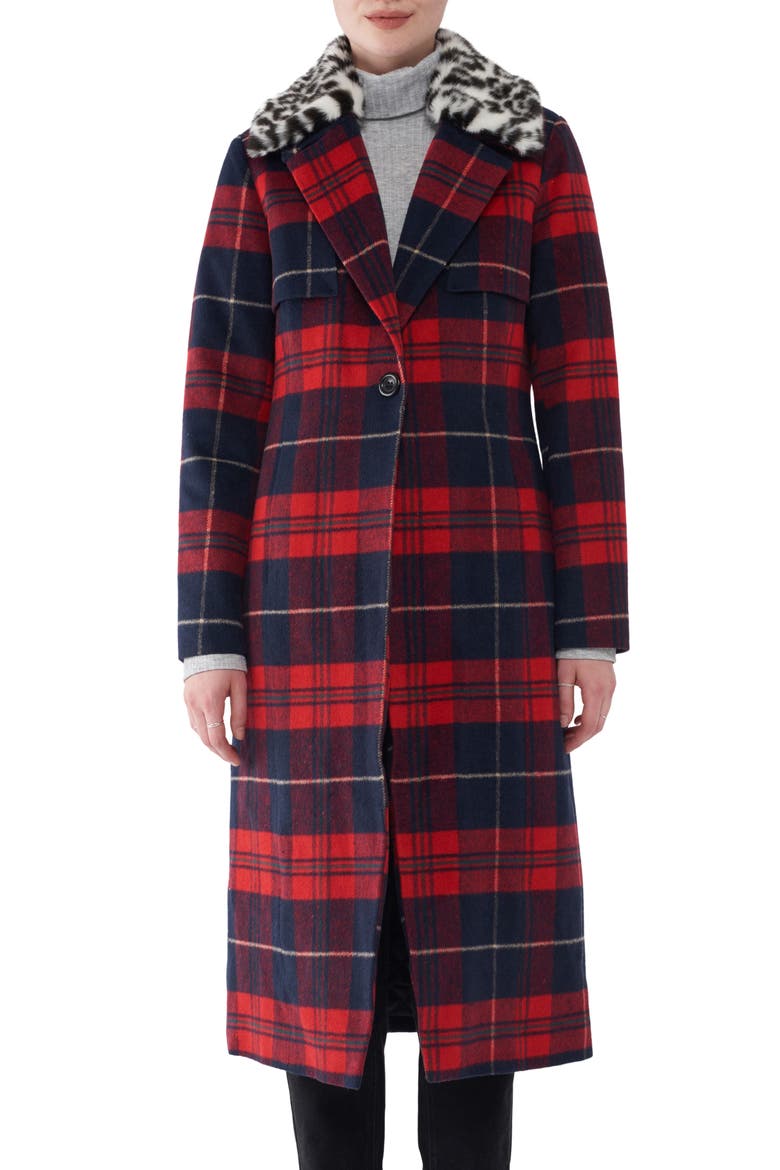 Faux Fur Collar Plaid Long Coat, Main, color, RED PLAID