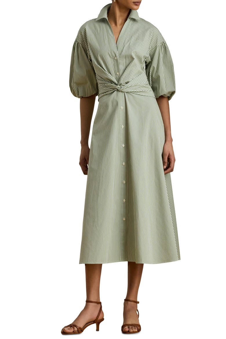 Stripe Bubble Sleeve Cotton Broadcloth Shirtdress, Main, color, GREEN/ WHITE