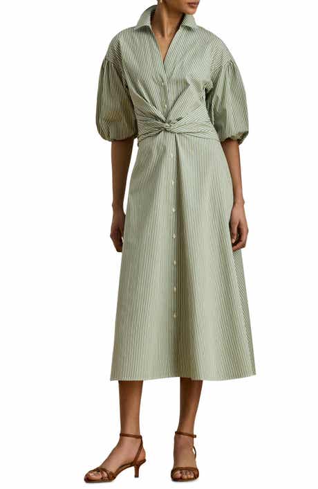 Stripe Bubble Sleeve Cotton Broadcloth Shirtdress