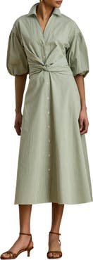 Lauren Ralph Lauren Stripe Bubble Sleeve Cotton Broadcloth Shirtdress