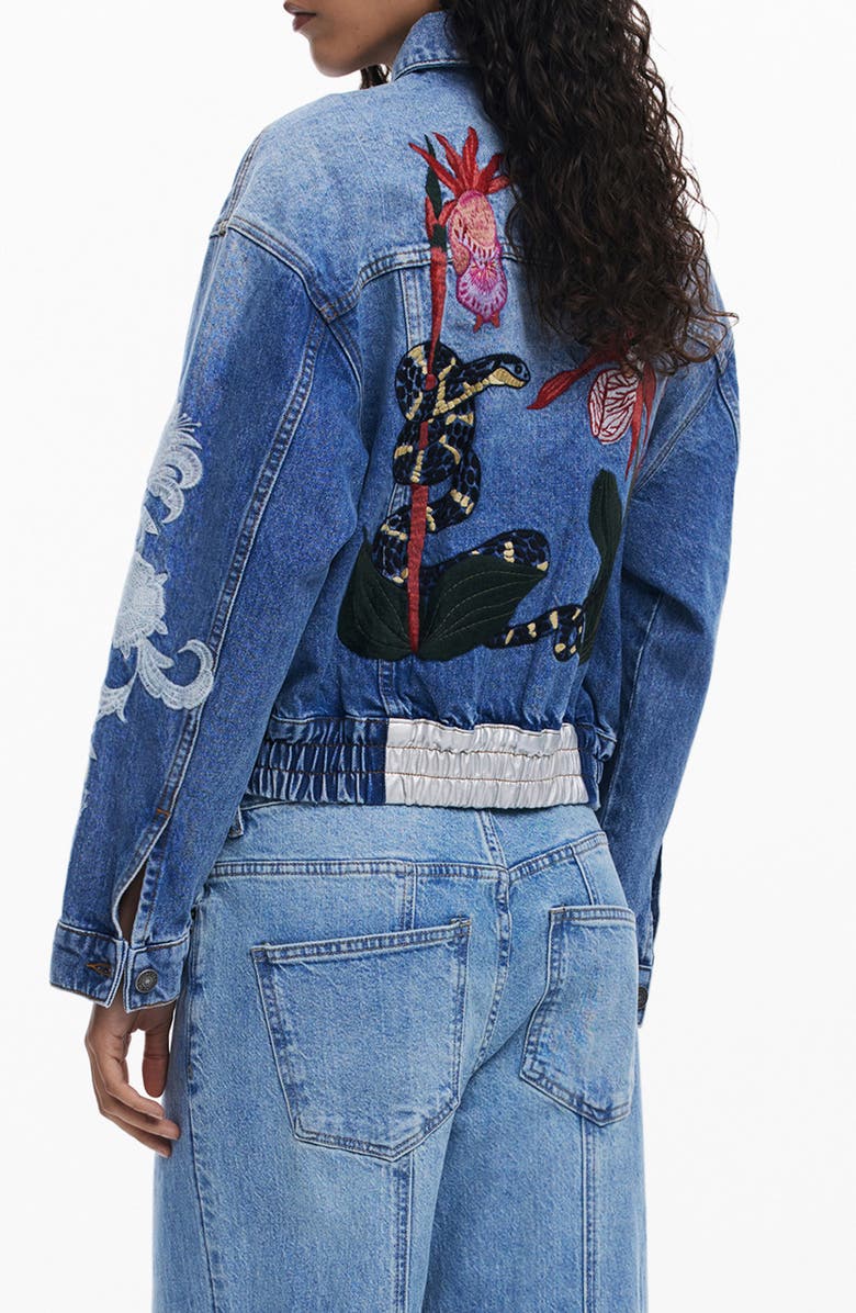 Desigual Embroidered Denim Trucker Jacket, Alternate, color, Medium Blue