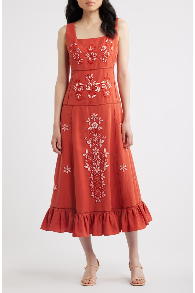 The Lainey Embroidered Sleeveless Maxi Dress, Main, color, MOROCCAN RED/ SKY WHITE