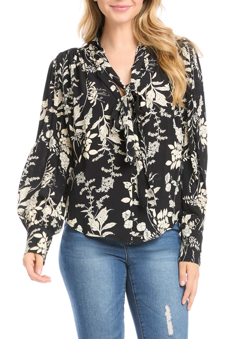Tie Neck Floral Print Blouse, Main, color, BLACK W/ CREAM