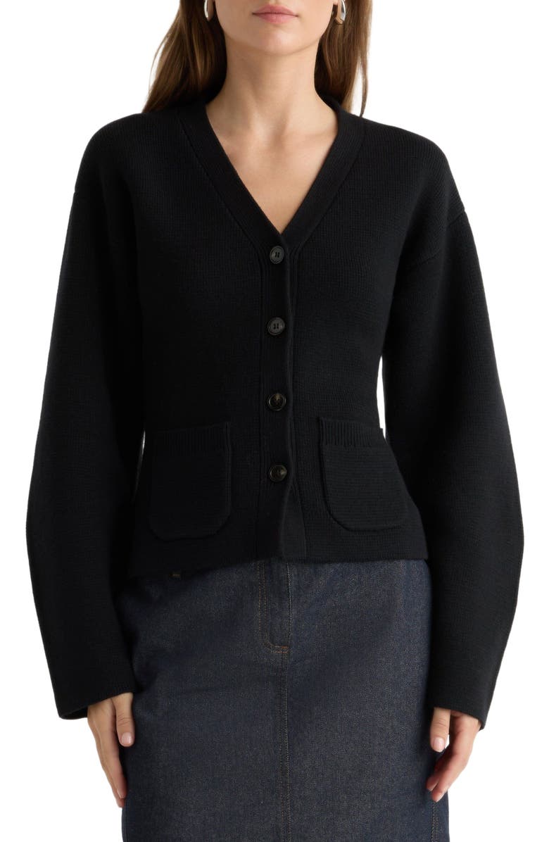 Modern Citizen Elinor Organic Cotton Wool V Neck Cardigan, Alternate, color, Black