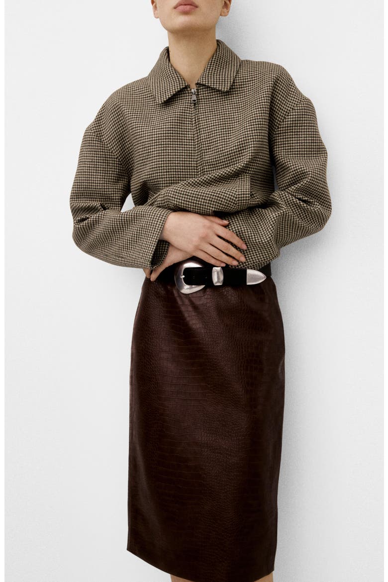Croc-Embossed Faux Leather Midi Skirt, Alternate, color, BROWN