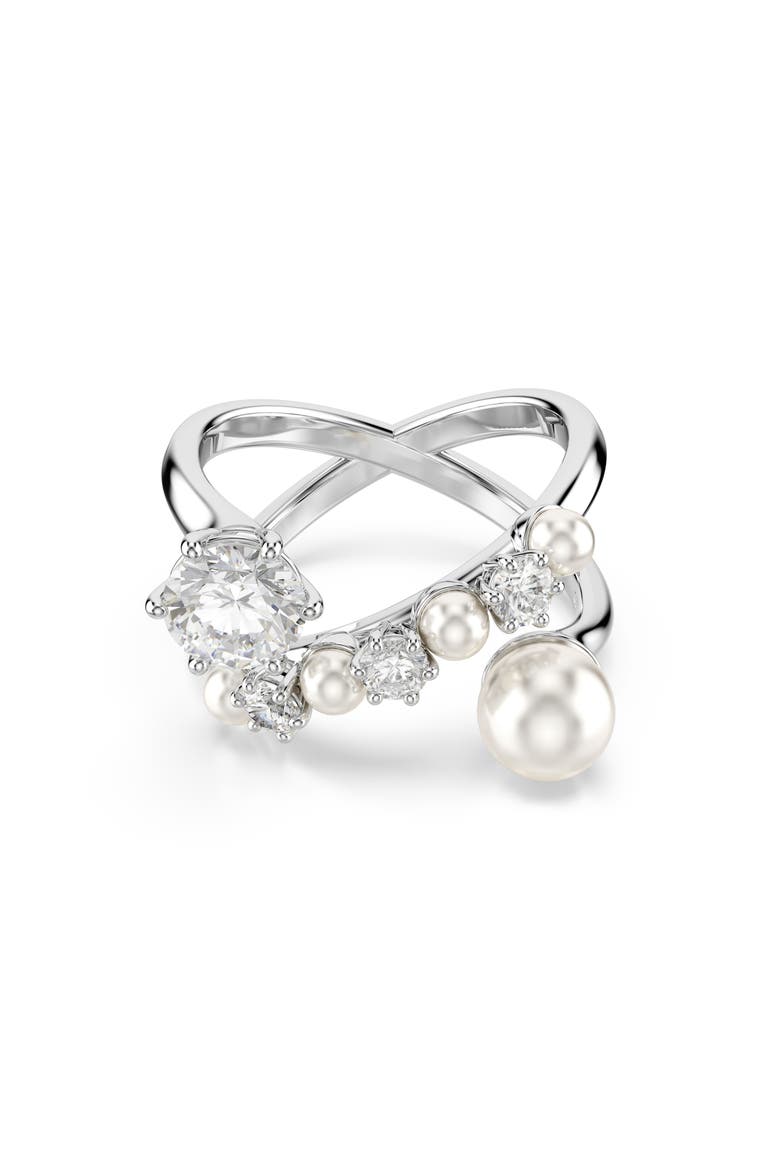 Cubic Zirconia & Glass Pearl Matrix Ring, Alternate, color, WHITE/ SILVER