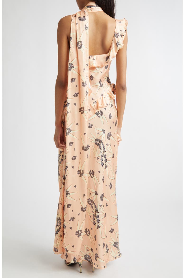 Monica Floral Tiered Ruffle Satin Maxi Dress with Detachable Scarf Tie, Alternate, color, CORAL