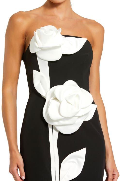 Mac Duggal Strapless Crepe Ankle Dress With 3d Satin Flowers In Black