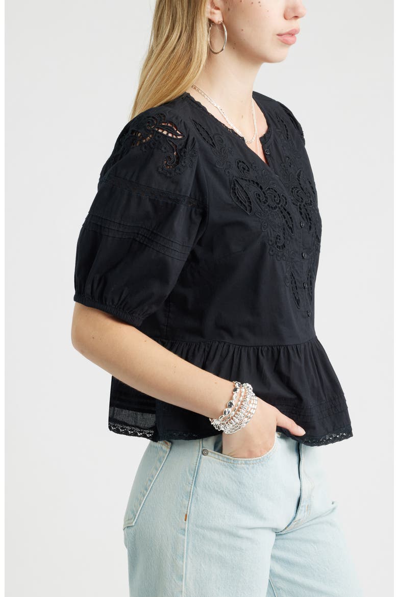 Cutwork Puff Sleeve Cotton Top, Alternate, color, BLACK