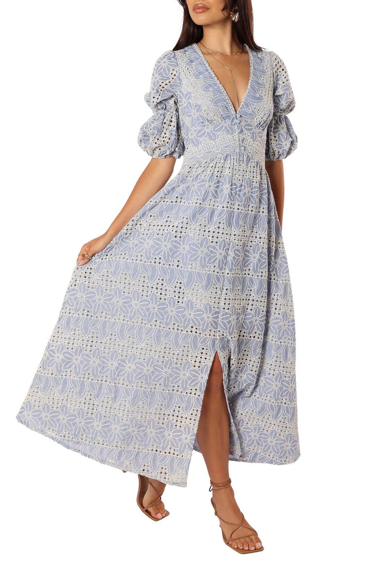 Tani Eyelet Puff Sleeve Cotton Blend Maxi Dress, Main, color, BLUE