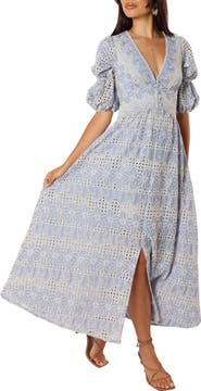 Petal & Pup Tani Eyelet Puff Sleeve Cotton Blend Maxi Dress