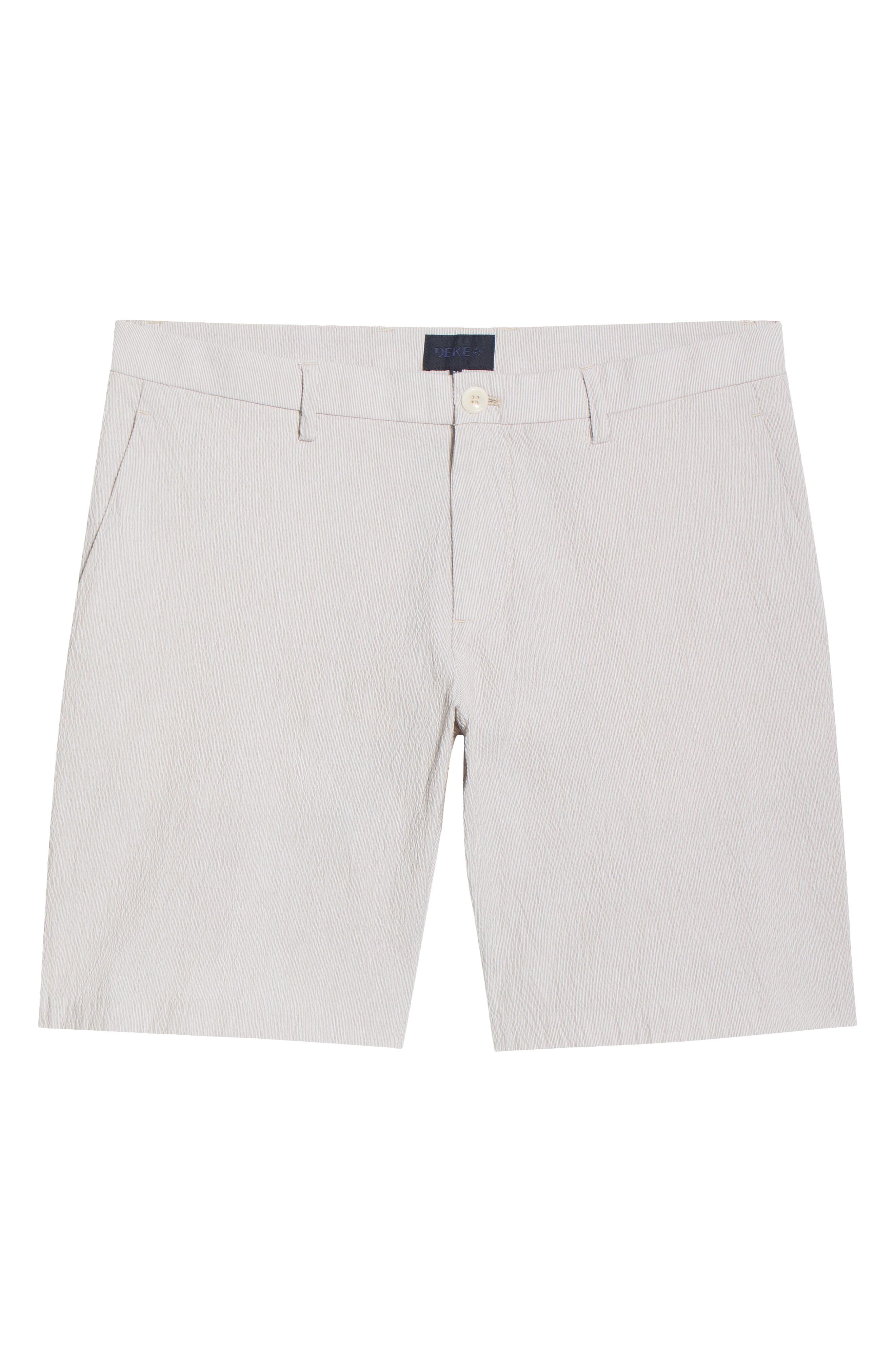 Deke Galaxy Bermuda Flat Front Stretch Cotton Seersucker Shorts In Sand