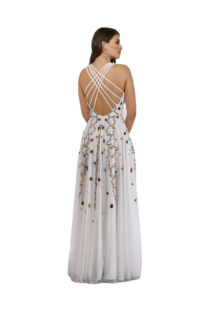 Beaded Dress with Open Cross Back and Flowy Skirt, Alternate, color, Multi