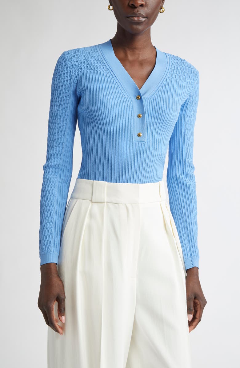 ST. JOHN Mixed Stitch Fine Gauge Henley Sweater, Main, color, Periwinkle