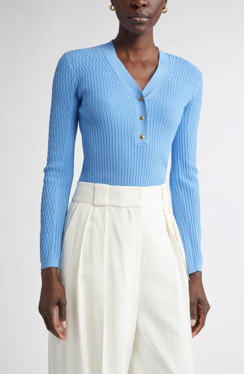 Mixed Stitch Fine Gauge Henley Sweater