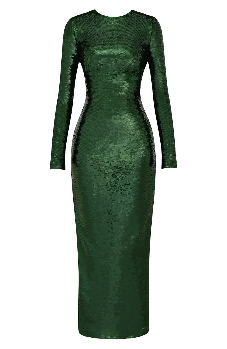 HOUSE OF CB Belle Sequin Long Sleeve Open Back Maxi Dress, Alternate, color, Pine Green