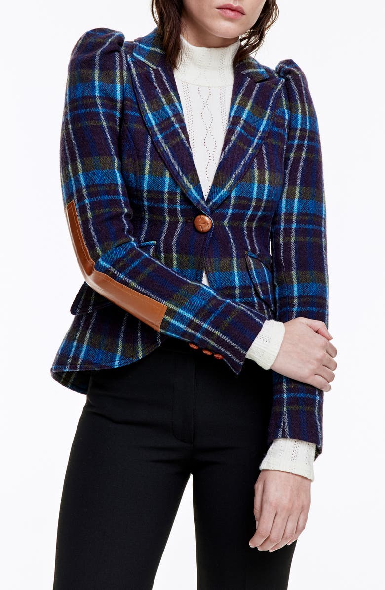 Smythe Plaid Leather Elbow Patch Wool Blazer, Main, color,