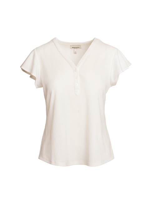 Single Stitch Flutter Sleeve Henley In White