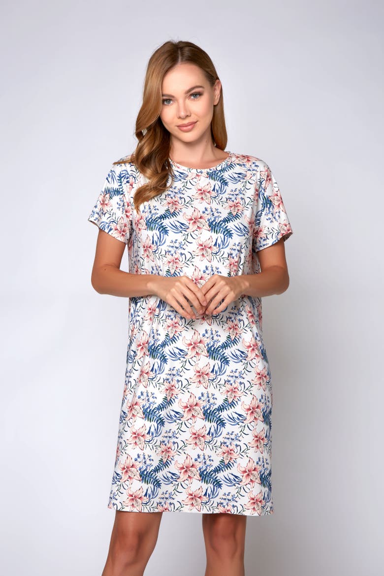 Tropical Floral Short Sleeve Nightshirt, Main, color, Cream