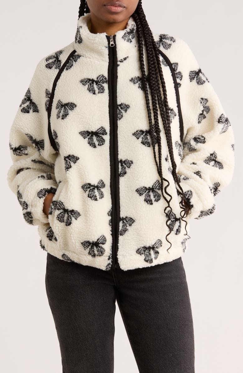 RDI Bow Faux Shearling Zip Jacket, Main, color, Stone