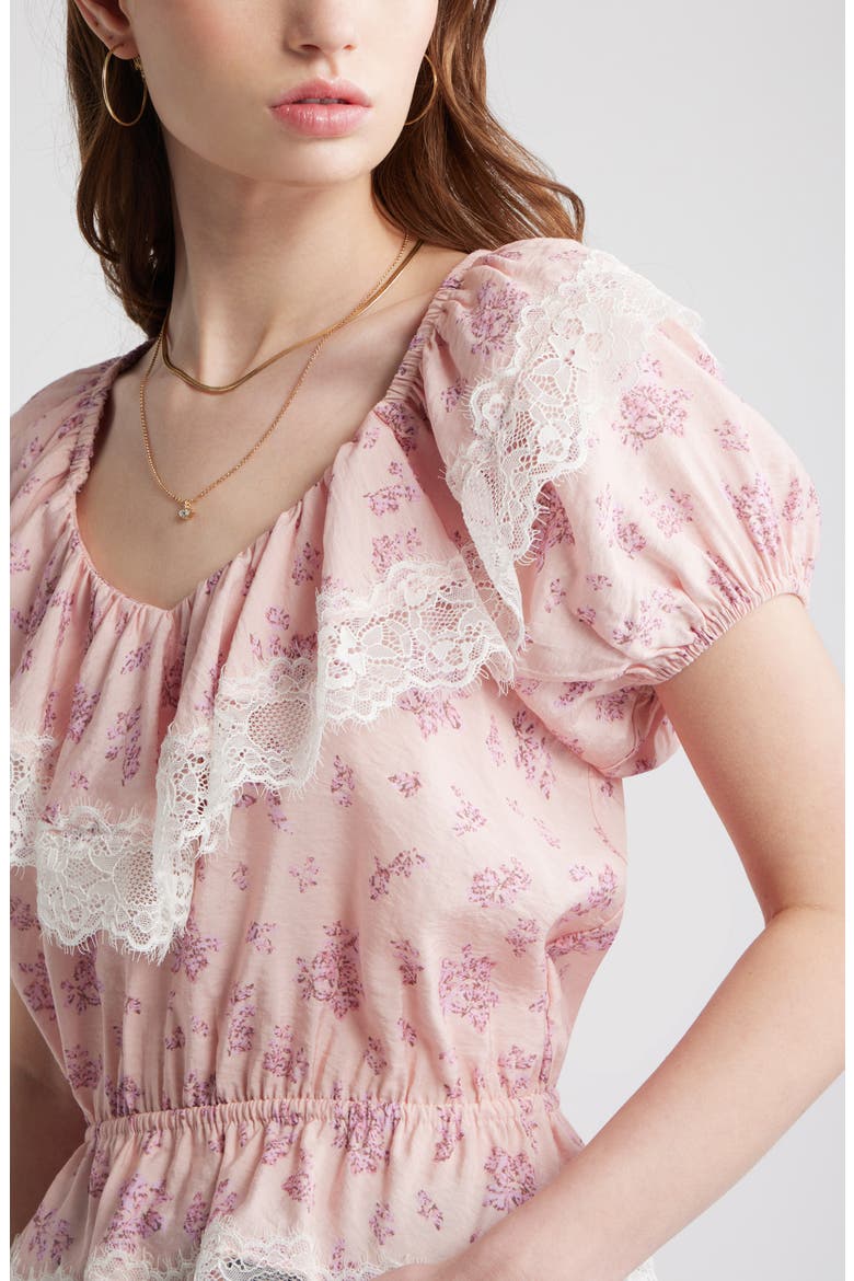 Lace Trim Puff Sleeve Peplum Top, Alternate, color, PINK LAYERED SPRIGS