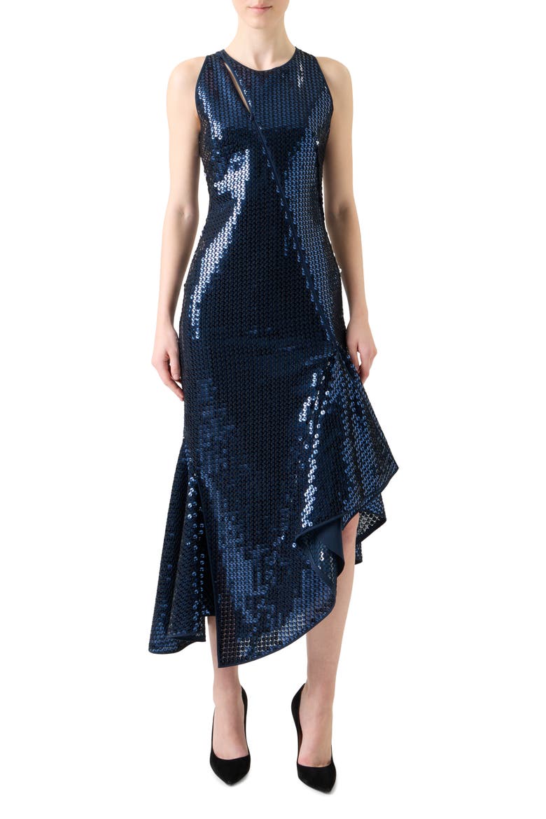 Sequin Chiffon Asymmetric Dress, Main, color, NAVY