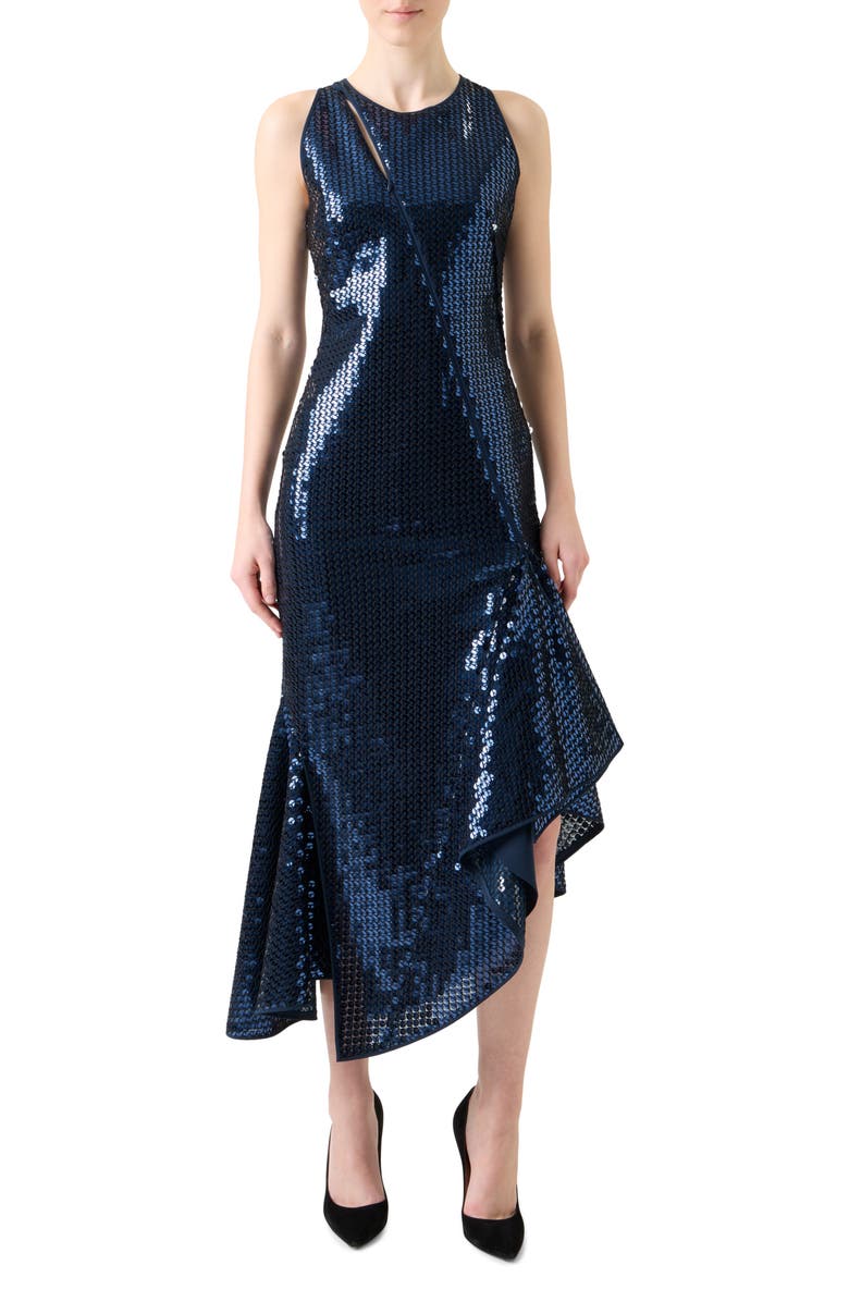 Akris Sequin Chiffon Asymmetric Dress, Main, color, Navy