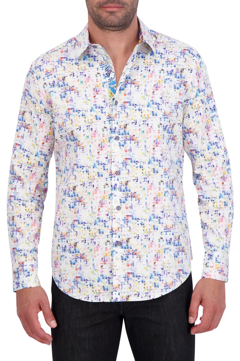 Box Print Cotton Button-Up Shirt, Main, color, WHITE