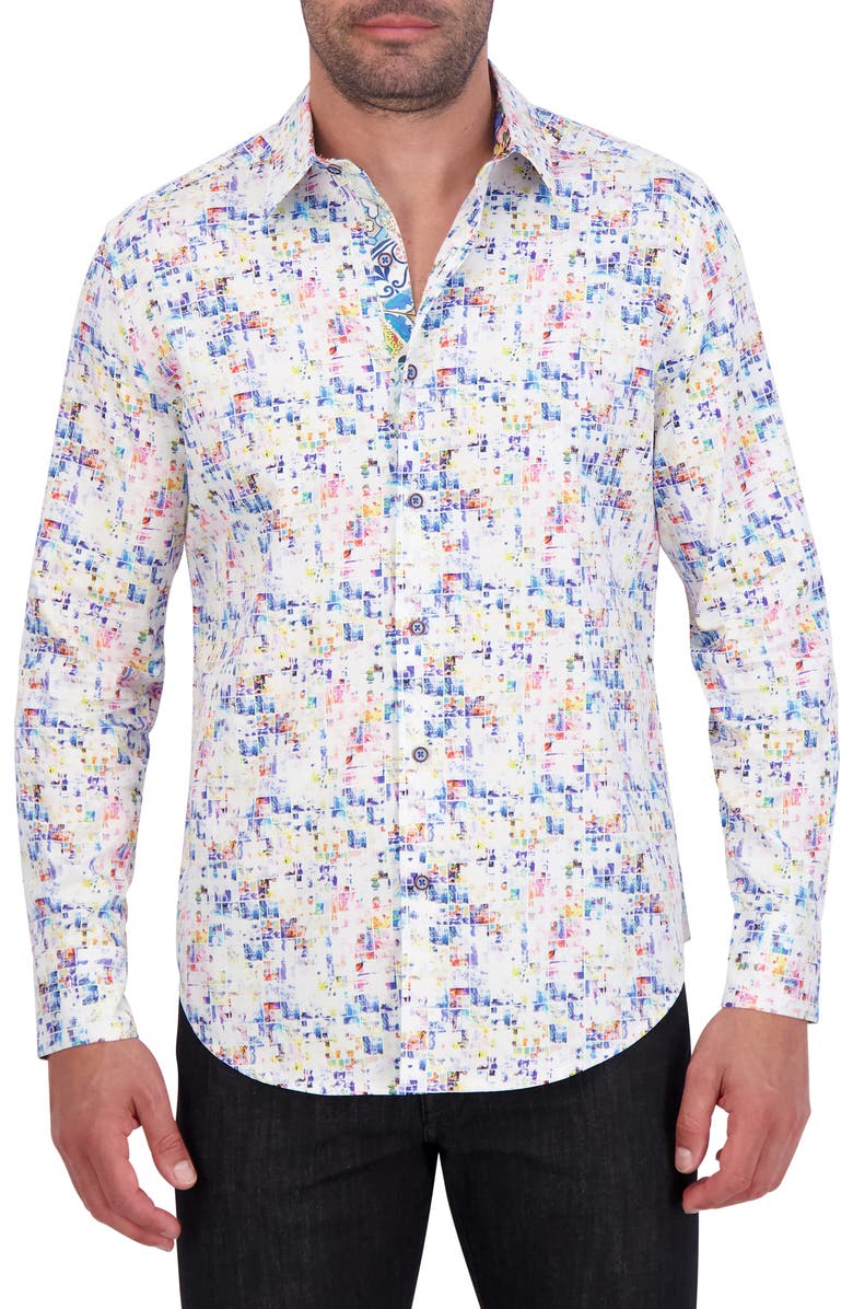 Robert Graham Box Print Cotton Button-Up Shirt, Main, color, White