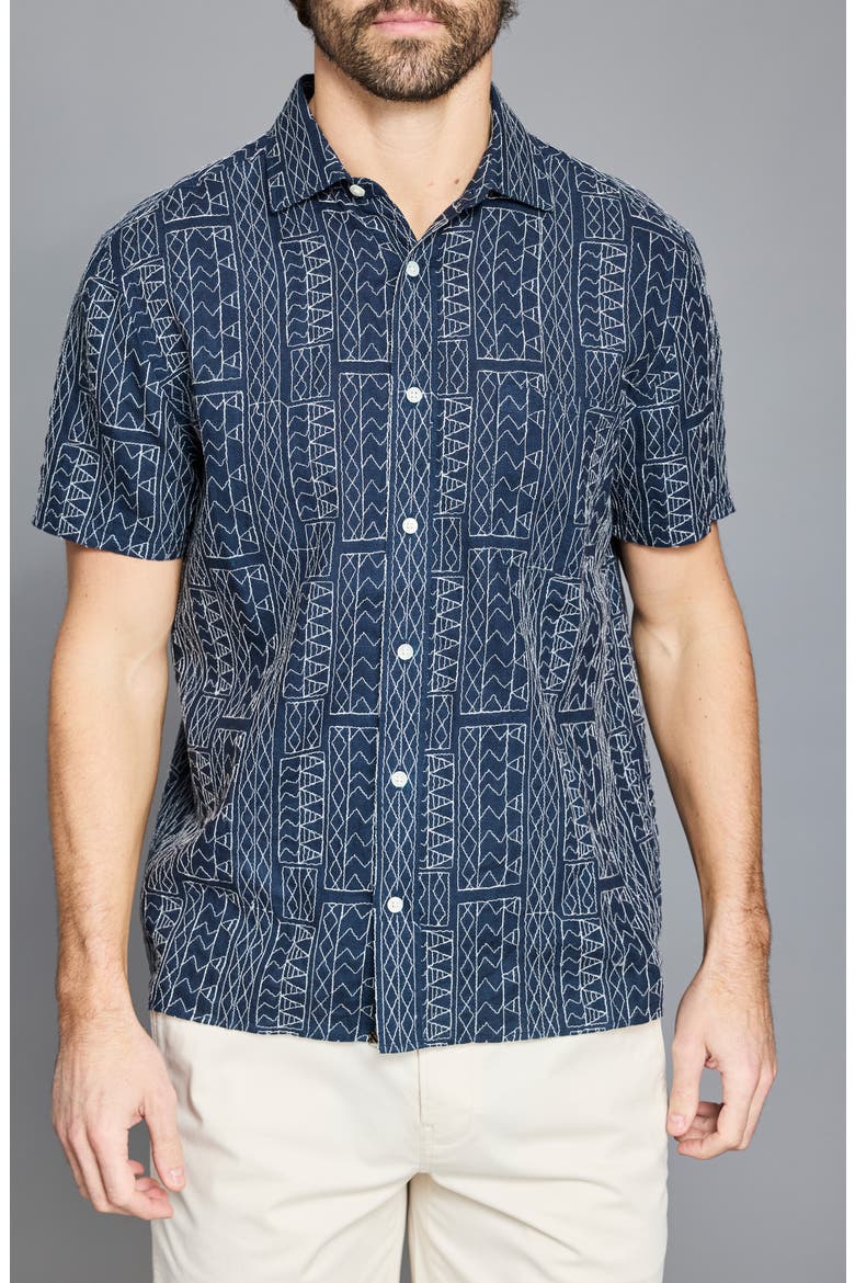 Geo Stitch Short Sleeve Linen Sport Shirt, Main, color, BLUE