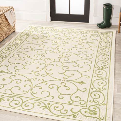 Jonathan Y Charleston Vintage Filigree Textured Weave Indoor/outdoor Green/cream Round Area Rug In Cream/green