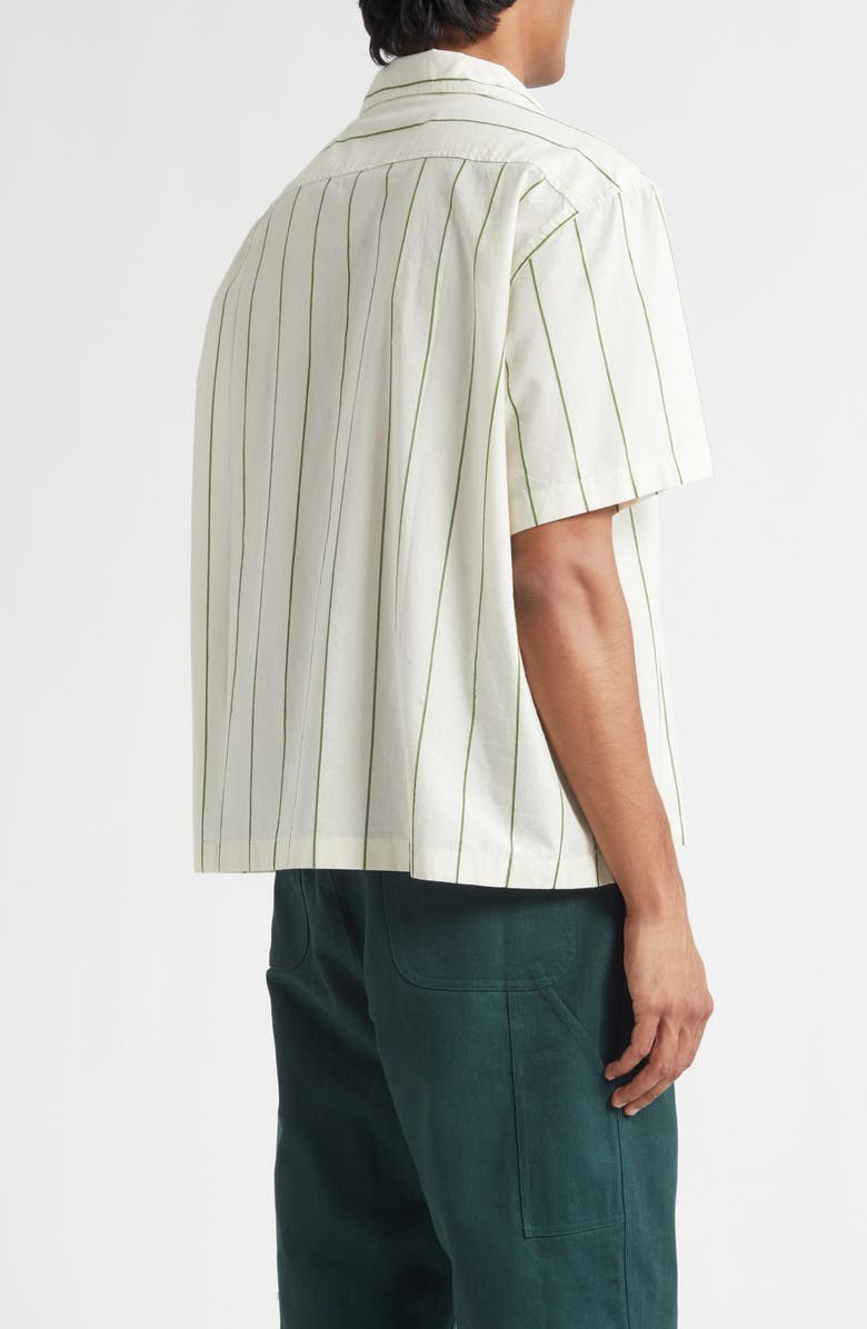 Bode Celery Stripe Short Sleeve Cotton Button-Up Shirt, Alternate, color, Green Cream